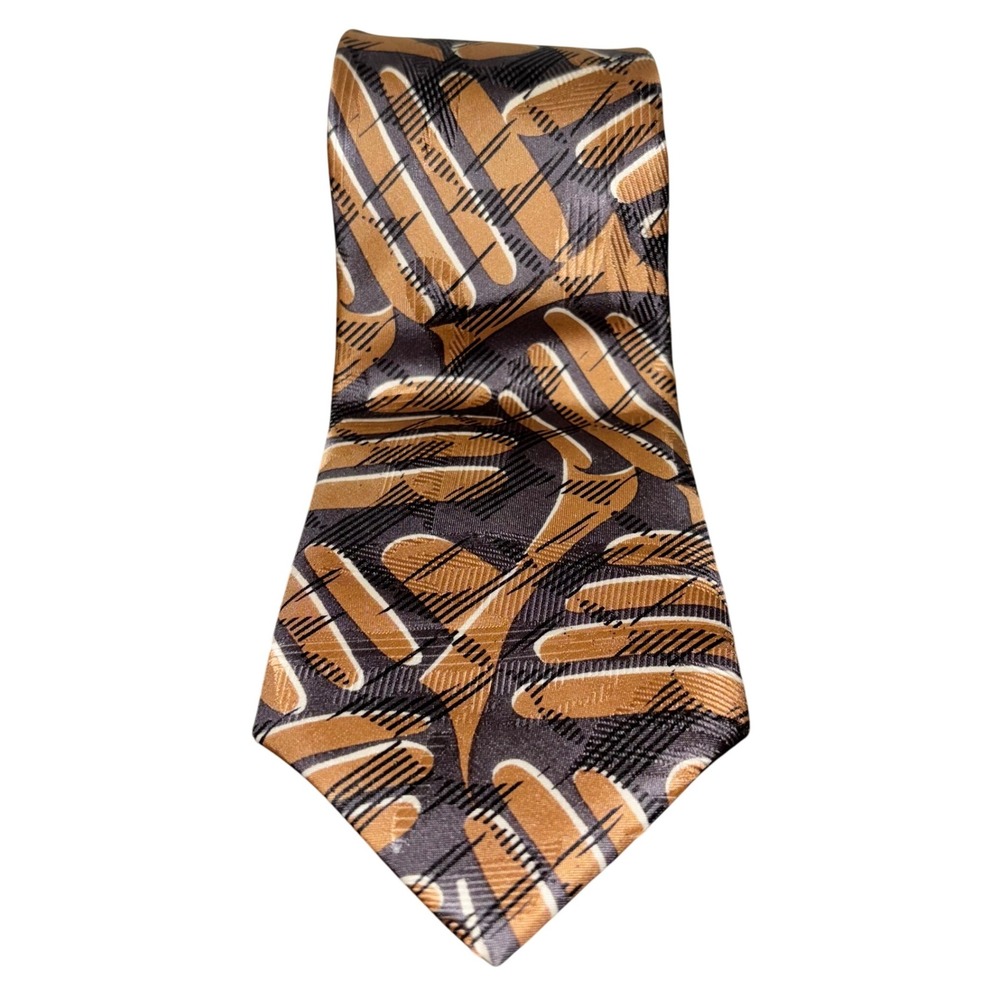 Men's Vintage Silk Necktie | Made in Italy |‎ Brown Gold Black Geometric Pattern